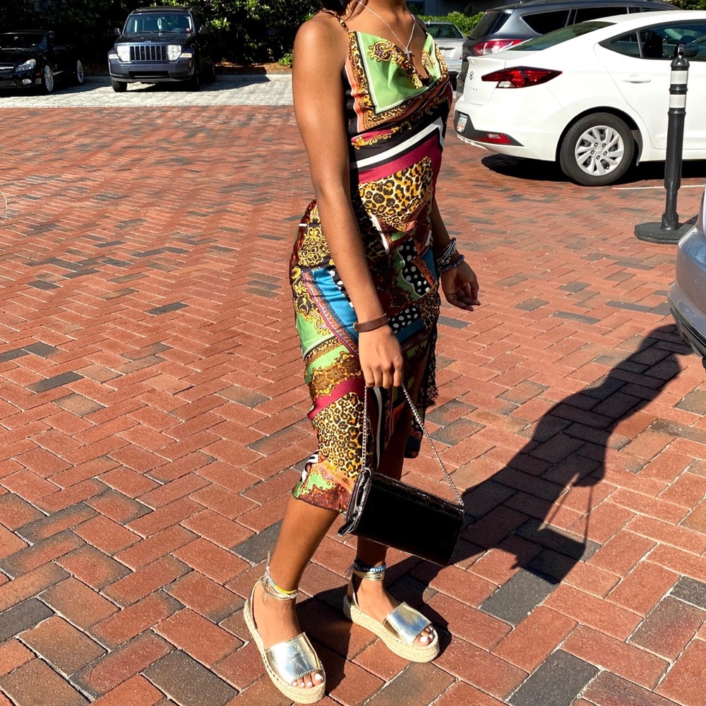 Cowl front satin midaxi dress in scarf print